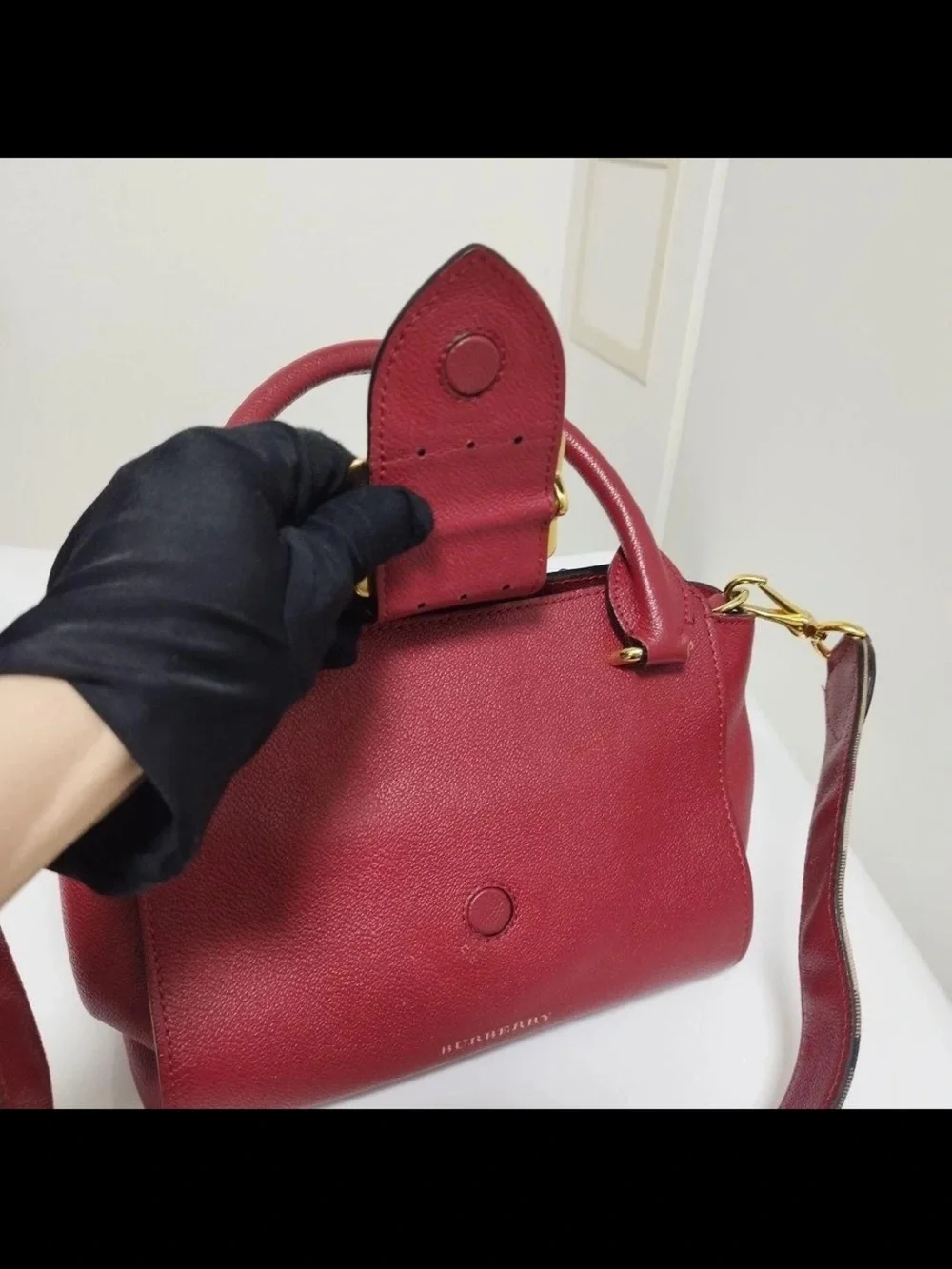 Burberry Burgundy Leather Satchel with Check Shoulder Strap